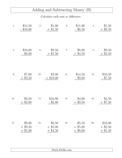 The Adding and Subtracting Dollars with Amounts up to $10 in Increments of 50 Cents (B) Math Worksheet