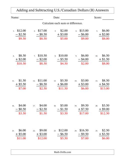 The Adding and Subtracting U.S./Canadian Dollars With Amounts from 0.50 to 9.50 in Increments of Fifty Cents (B) Math Worksheet Page 2