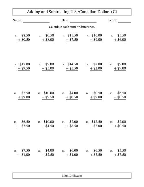 The Adding and Subtracting U.S./Canadian Dollars With Amounts from 0.50 to 9.50 in Increments of Fifty Cents (C) Math Worksheet