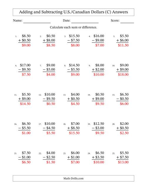 The Adding and Subtracting U.S./Canadian Dollars With Amounts from 0.50 to 9.50 in Increments of Fifty Cents (C) Math Worksheet Page 2