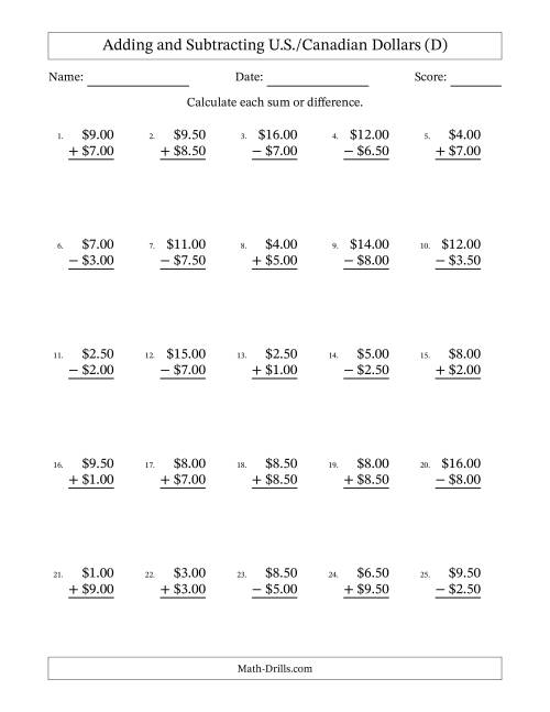 The Adding and Subtracting U.S./Canadian Dollars With Amounts from 0.50 to 9.50 in Increments of Fifty Cents (D) Math Worksheet