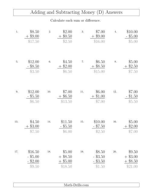 The Adding and Subtracting Dollars with Amounts up to $10 in Increments of 50 Cents (D) Math Worksheet Page 2