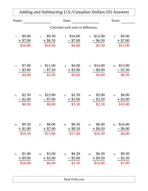 The Adding and Subtracting U.S./Canadian Dollars With Amounts from 0.50 to 9.50 in Increments of Fifty Cents (D) Math Worksheet Page 2