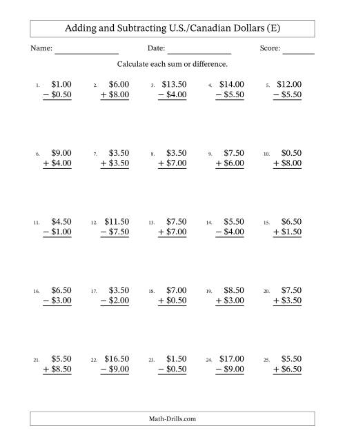 The Adding and Subtracting U.S./Canadian Dollars With Amounts from 0.50 to 9.50 in Increments of Fifty Cents (E) Math Worksheet