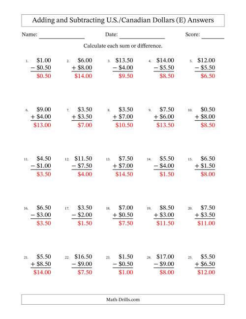 The Adding and Subtracting U.S./Canadian Dollars With Amounts from 0.50 to 9.50 in Increments of Fifty Cents (E) Math Worksheet Page 2