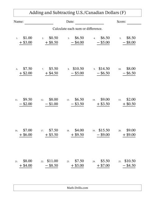 The Adding and Subtracting U.S./Canadian Dollars With Amounts from 0.50 to 9.50 in Increments of Fifty Cents (F) Math Worksheet