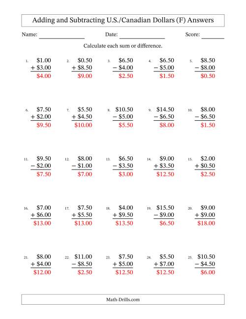 The Adding and Subtracting U.S./Canadian Dollars With Amounts from 0.50 to 9.50 in Increments of Fifty Cents (F) Math Worksheet Page 2