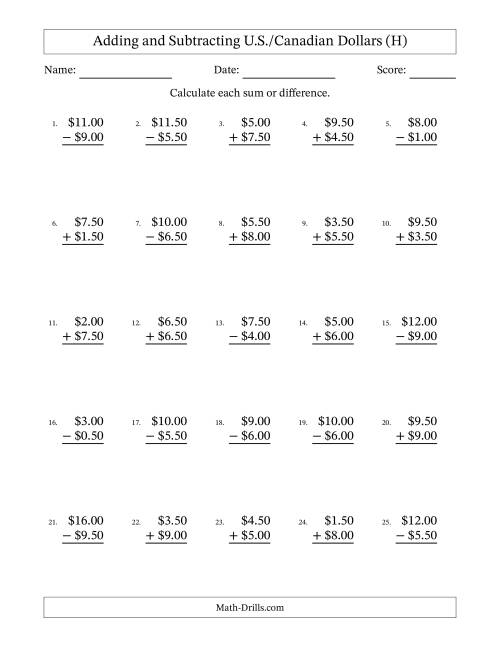 The Adding and Subtracting U.S./Canadian Dollars With Amounts from 0.50 to 9.50 in Increments of Fifty Cents (H) Math Worksheet