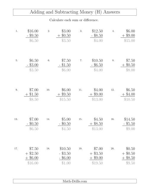 The Adding and Subtracting Dollars with Amounts up to $10 in Increments of 50 Cents (H) Math Worksheet Page 2