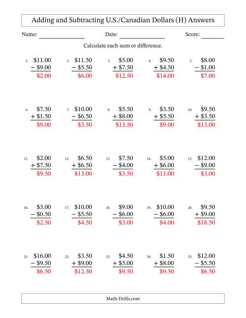 The Adding and Subtracting U.S./Canadian Dollars With Amounts from 0.50 to 9.50 in Increments of Fifty Cents (H) Math Worksheet Page 2