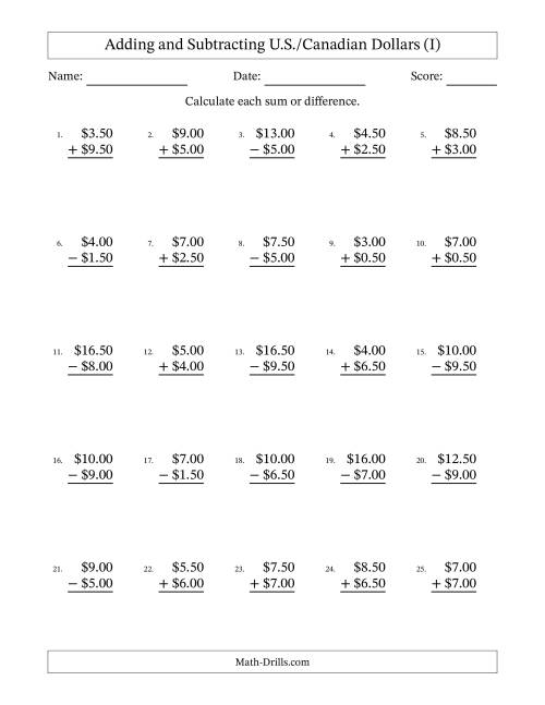 The Adding and Subtracting U.S./Canadian Dollars With Amounts from 0.50 to 9.50 in Increments of Fifty Cents (I) Math Worksheet