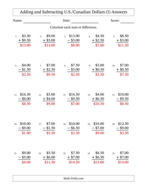 The Adding and Subtracting U.S./Canadian Dollars With Amounts from 0.50 to 9.50 in Increments of Fifty Cents (I) Math Worksheet Page 2