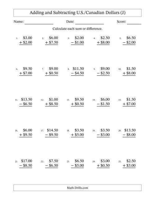 The Adding and Subtracting U.S./Canadian Dollars With Amounts from 0.50 to 9.50 in Increments of Fifty Cents (J) Math Worksheet