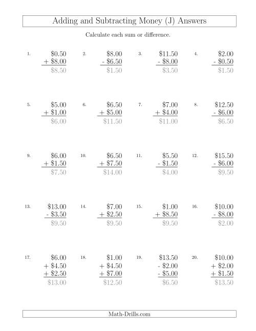 The Adding and Subtracting Dollars with Amounts up to $10 in Increments of 50 Cents (J) Math Worksheet Page 2