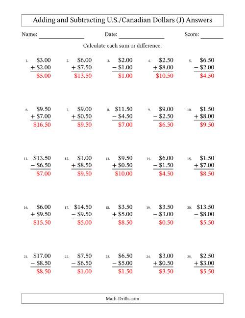 The Adding and Subtracting U.S./Canadian Dollars With Amounts from 0.50 to 9.50 in Increments of Fifty Cents (J) Math Worksheet Page 2