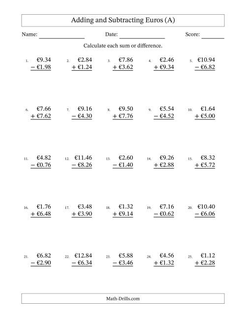 The Adding and Subtracting Euros With Amounts from 0.02 to 9.98 in Increments of Two Euro Cents (A) Math Worksheet