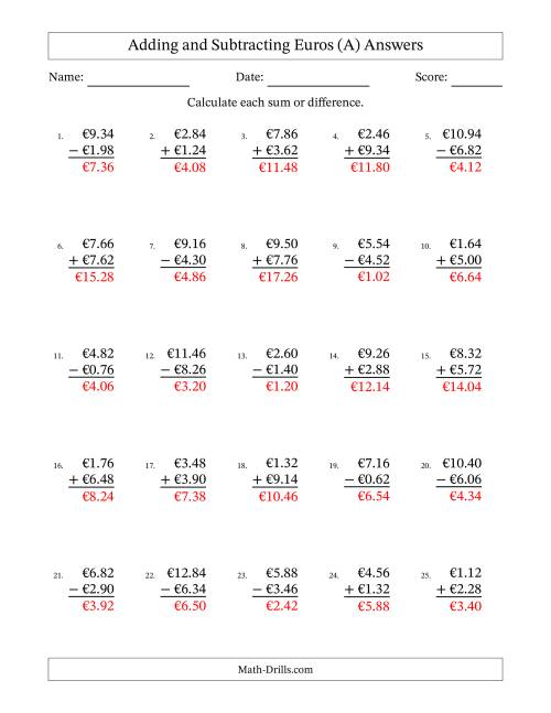 The Adding and Subtracting Euros With Amounts from 0.02 to 9.98 in Increments of Two Euro Cents (A) Math Worksheet Page 2