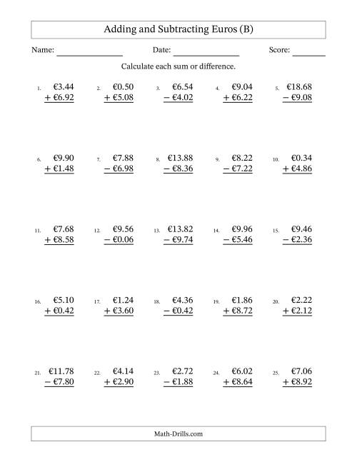 The Adding and Subtracting Euros With Amounts from 0.02 to 9.98 in Increments of Two Euro Cents (B) Math Worksheet