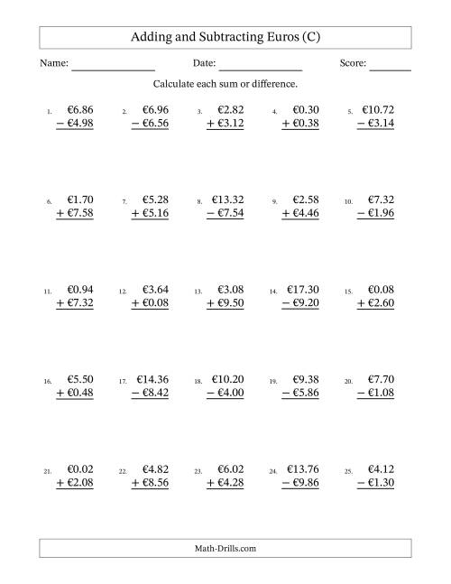 The Adding and Subtracting Euros With Amounts from 0.02 to 9.98 in Increments of Two Euro Cents (C) Math Worksheet