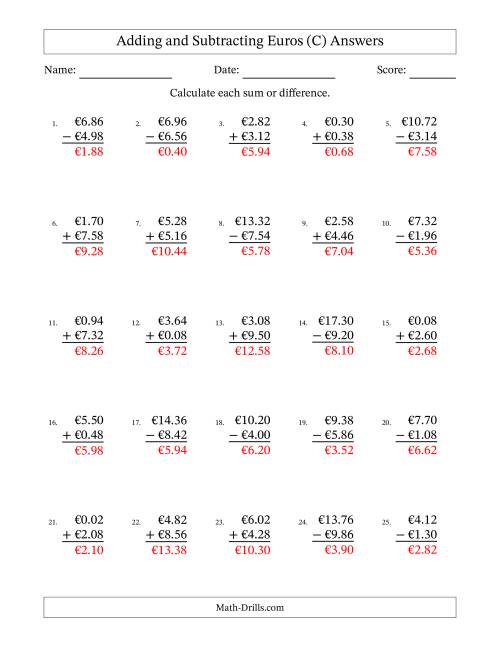 The Adding and Subtracting Euros With Amounts from 0.02 to 9.98 in Increments of Two Euro Cents (C) Math Worksheet Page 2