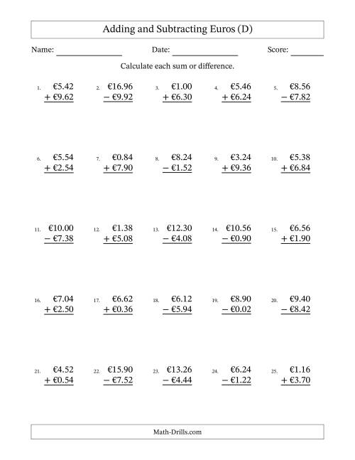 The Adding and Subtracting Euros With Amounts from 0.02 to 9.98 in Increments of Two Euro Cents (D) Math Worksheet