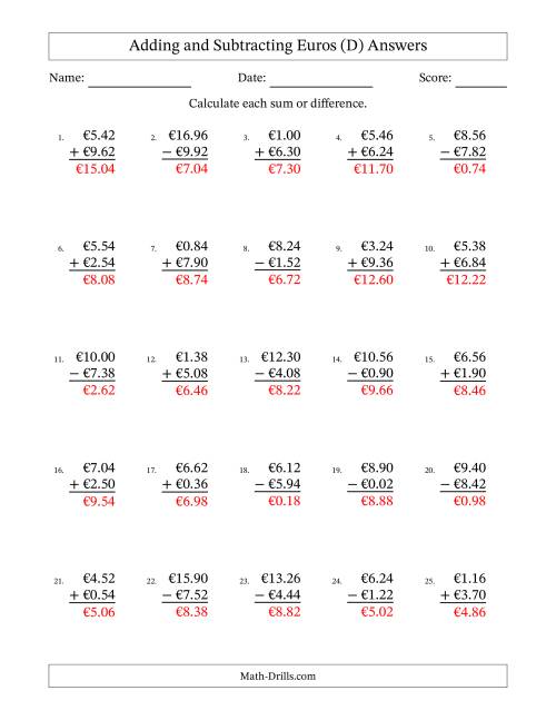 The Adding and Subtracting Euros With Amounts from 0.02 to 9.98 in Increments of Two Euro Cents (D) Math Worksheet Page 2