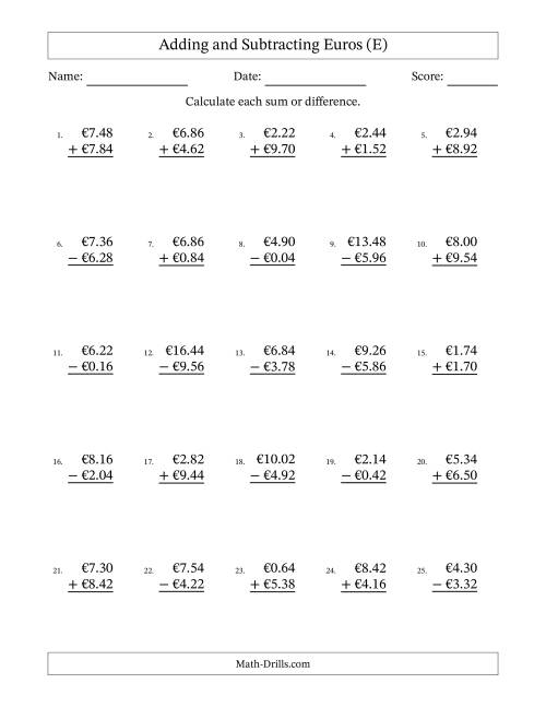 The Adding and Subtracting Euros With Amounts from 0.02 to 9.98 in Increments of Two Euro Cents (E) Math Worksheet