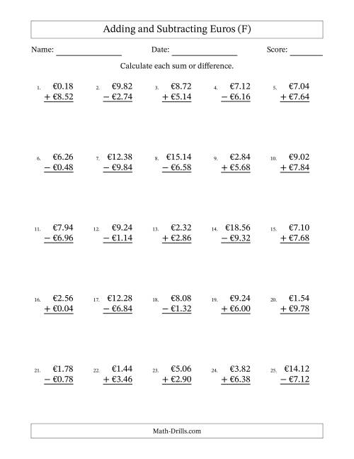 The Adding and Subtracting Euros With Amounts from 0.02 to 9.98 in Increments of Two Euro Cents (F) Math Worksheet