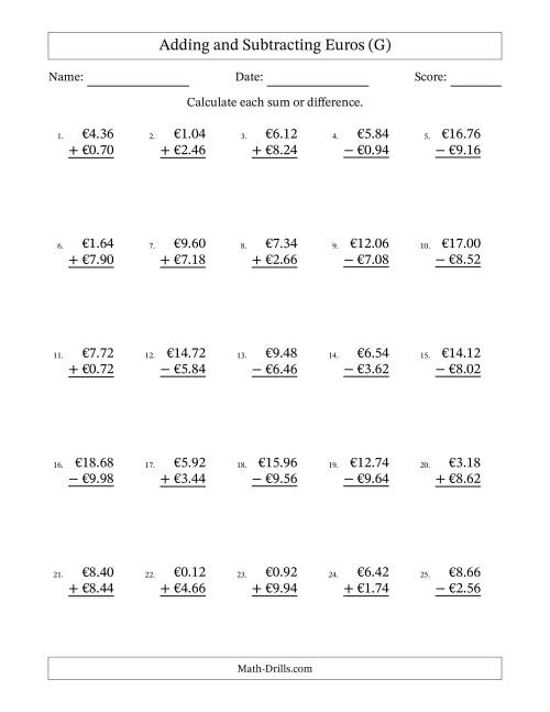 The Adding and Subtracting Euros With Amounts from 0.02 to 9.98 in Increments of Two Euro Cents (G) Math Worksheet