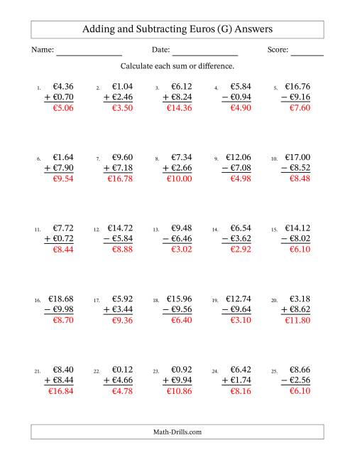 The Adding and Subtracting Euros With Amounts from 0.02 to 9.98 in Increments of Two Euro Cents (G) Math Worksheet Page 2