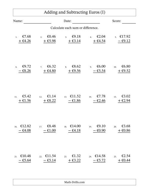 The Adding and Subtracting Euros With Amounts from 0.02 to 9.98 in Increments of Two Euro Cents (I) Math Worksheet