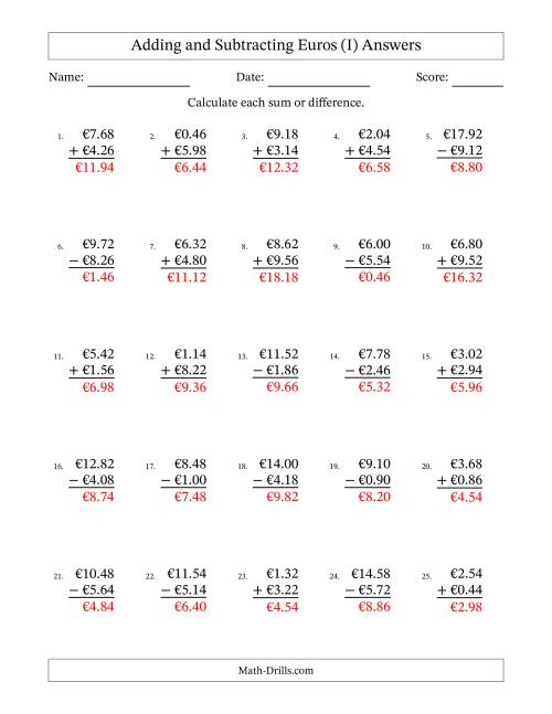 The Adding and Subtracting Euros With Amounts from 0.02 to 9.98 in Increments of Two Euro Cents (I) Math Worksheet Page 2