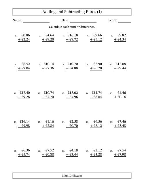 The Adding and Subtracting Euros With Amounts from 0.02 to 9.98 in Increments of Two Euro Cents (J) Math Worksheet