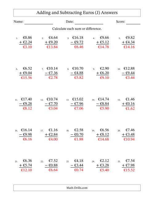 The Adding and Subtracting Euros With Amounts from 0.02 to 9.98 in Increments of Two Euro Cents (J) Math Worksheet Page 2