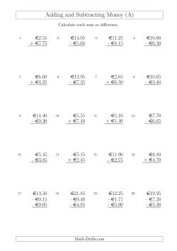 Adding and Subtracting Euros with Amounts up to €10 in Increments of 5 Cents