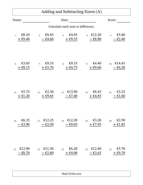 The Adding and Subtracting Euros With Amounts from 0.05 to 9.95 in Increments of Five Euro Cents (A) Math Worksheet