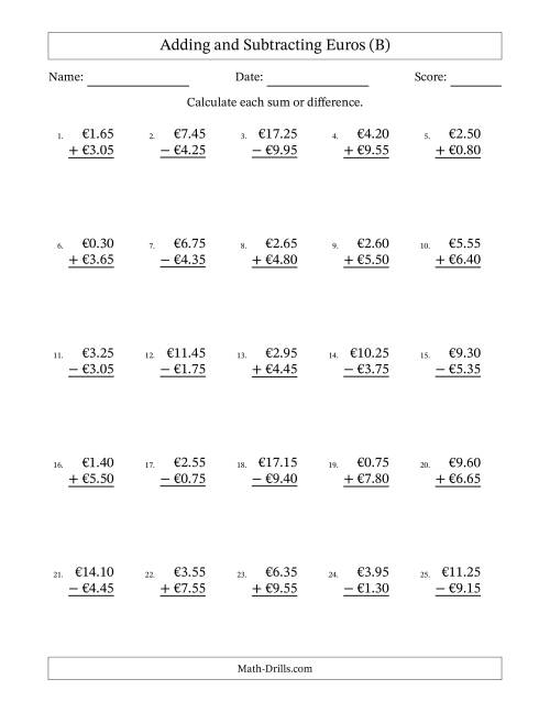 The Adding and Subtracting Euros With Amounts from 0.05 to 9.95 in Increments of Five Euro Cents (B) Math Worksheet