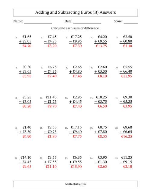 The Adding and Subtracting Euros With Amounts from 0.05 to 9.95 in Increments of Five Euro Cents (B) Math Worksheet Page 2