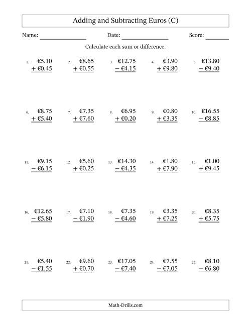 The Adding and Subtracting Euros With Amounts from 0.05 to 9.95 in Increments of Five Euro Cents (C) Math Worksheet