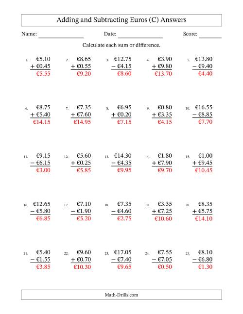 The Adding and Subtracting Euros With Amounts from 0.05 to 9.95 in Increments of Five Euro Cents (C) Math Worksheet Page 2