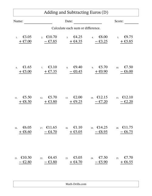 The Adding and Subtracting Euros With Amounts from 0.05 to 9.95 in Increments of Five Euro Cents (D) Math Worksheet