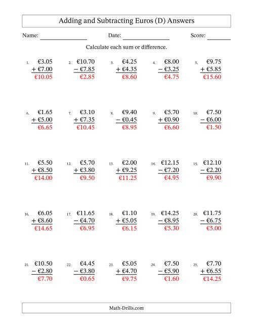 The Adding and Subtracting Euros With Amounts from 0.05 to 9.95 in Increments of Five Euro Cents (D) Math Worksheet Page 2