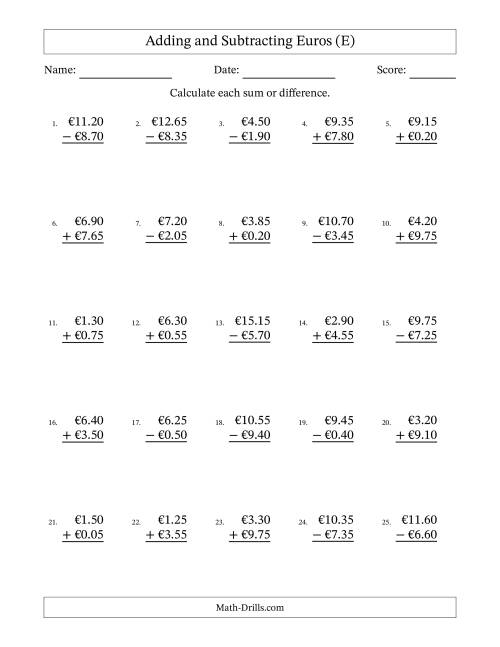 The Adding and Subtracting Euros With Amounts from 0.05 to 9.95 in Increments of Five Euro Cents (E) Math Worksheet