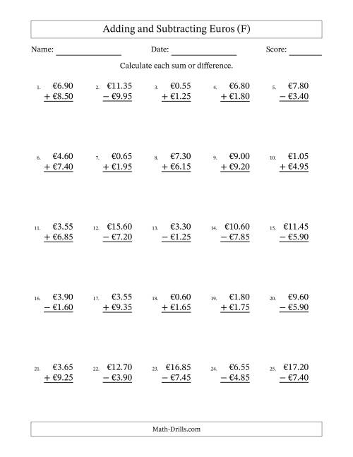 The Adding and Subtracting Euros With Amounts from 0.05 to 9.95 in Increments of Five Euro Cents (F) Math Worksheet