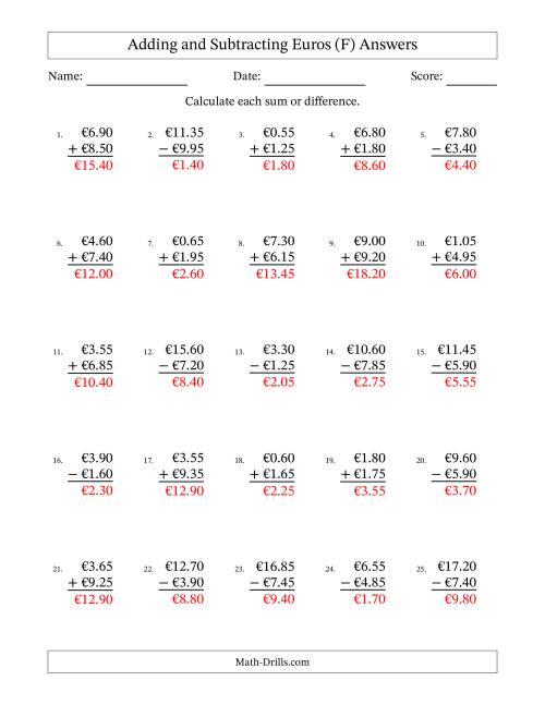 The Adding and Subtracting Euros With Amounts from 0.05 to 9.95 in Increments of Five Euro Cents (F) Math Worksheet Page 2