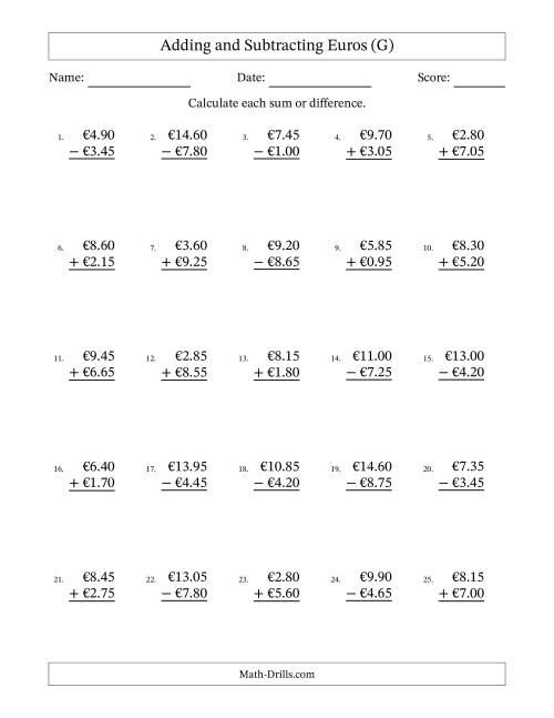 The Adding and Subtracting Euros With Amounts from 0.05 to 9.95 in Increments of Five Euro Cents (G) Math Worksheet