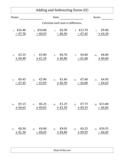 The Adding and Subtracting Euros With Amounts from 0.05 to 9.95 in Increments of Five Euro Cents (H) Math Worksheet