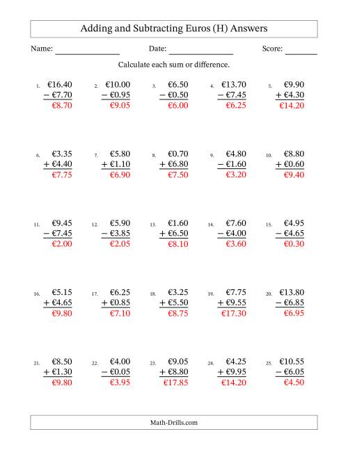 The Adding and Subtracting Euros With Amounts from 0.05 to 9.95 in Increments of Five Euro Cents (H) Math Worksheet Page 2