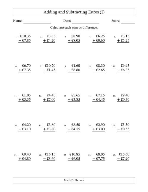 The Adding and Subtracting Euros With Amounts from 0.05 to 9.95 in Increments of Five Euro Cents (I) Math Worksheet