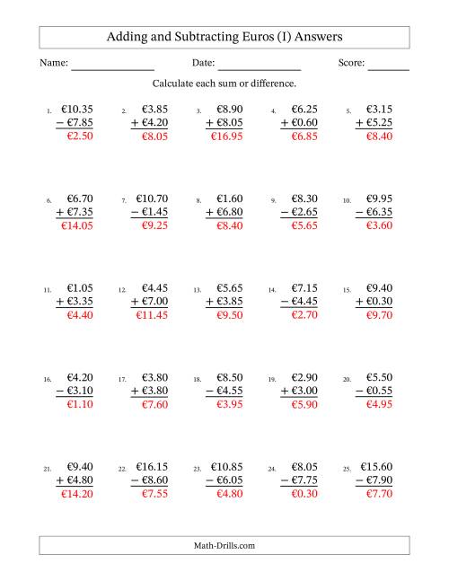 The Adding and Subtracting Euros With Amounts from 0.05 to 9.95 in Increments of Five Euro Cents (I) Math Worksheet Page 2